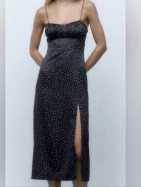 Zara Satin Effect Polka Dot Midi Dress M 90s Slip Sweetheart Slit Homecoming Y2K